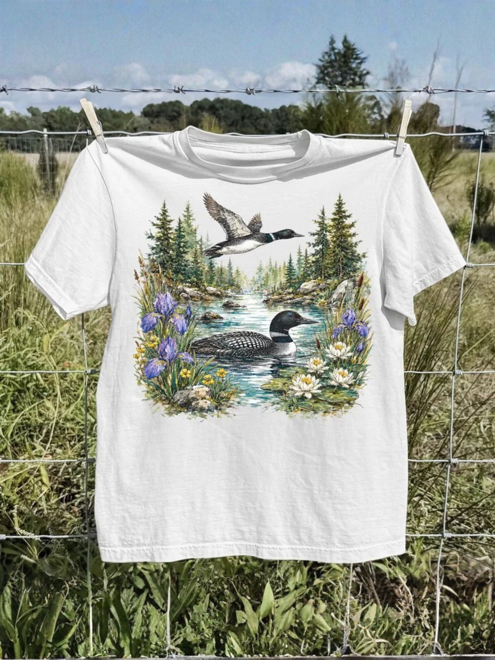 Vintage Lake Wildlife Bird Watching Cozy Cabin Outdoor Adventure Graphic Shirt